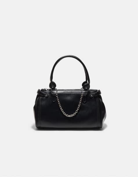 Stradivarius - Borsa da spalla in pelle sintetica nera con catenina - view 1