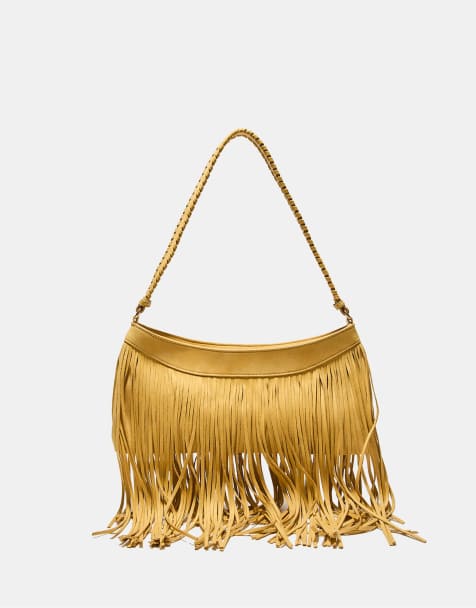 Stradivarius - Borsa da spalla lunga con frange color senape - view 1