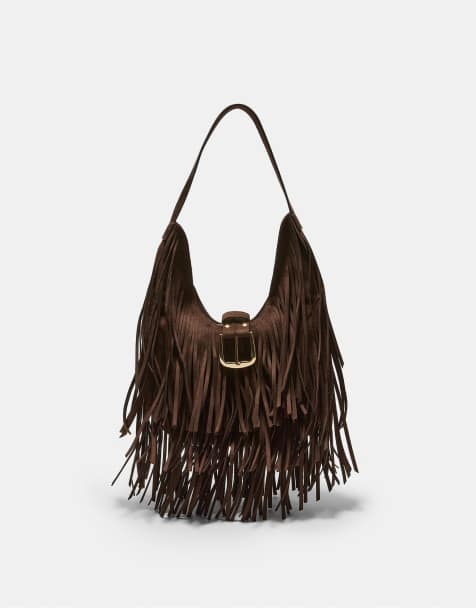 Stradivarius - Borsa da spalla marrone con frange e fibbia - view 1