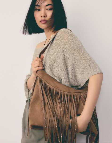 Stradivarius - Borsa da spalla morbida al tatto color caramello con frange - view 1