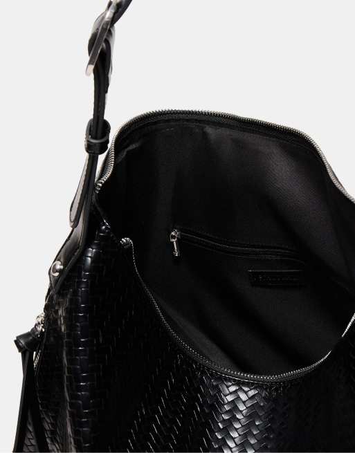 Stradivarius - Borsa da spalla morbida al tatto nera con zip, 3 di 3