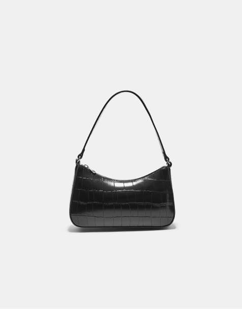 Stradivarius - Borsa da spalla nera effetto cocco con catena - view 1