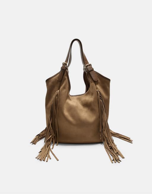 Stradivarius - Borsa in camoscio sintetico color caramello con frange