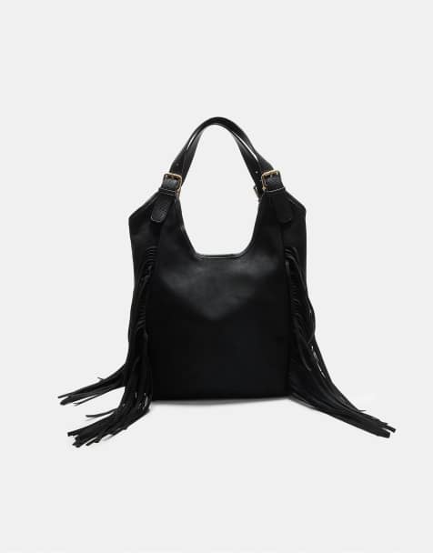 Stradivarius - Borsa in camoscio sintetico nera con frange - view 1