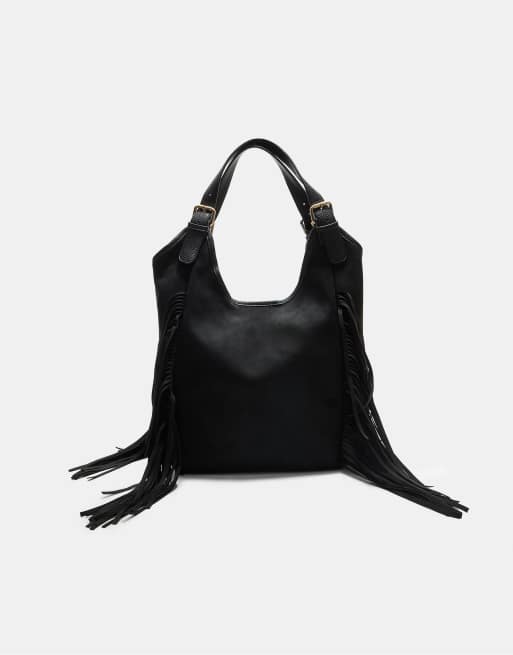 Stradivarius - Borsa in camoscio sintetico nera con frange