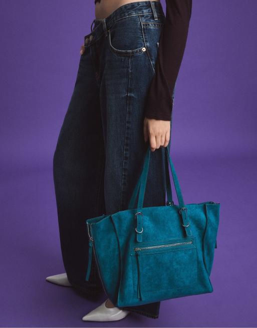 Stradivarius borsa shopper con zip verde petrolio, 3 di 4