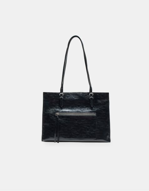 Stradivarius borsa shopper effetto pelle con zip nera - view 1