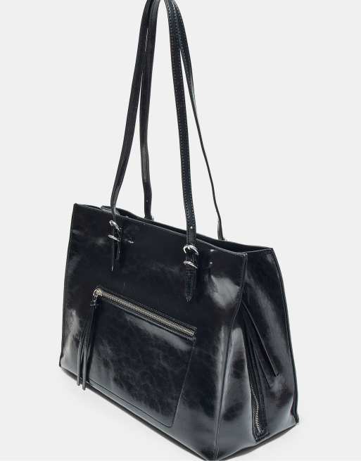 Stradivarius borsa shopper effetto pelle con zip nera, 4 di 4