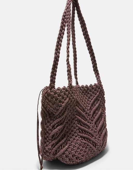 Stradivarius - Borsa shopper marrone all'uncinetto in filo metallico, 2 di 4