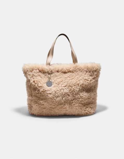 Stradivarius - Borsa shopping écru in pelliccia sintetica con placca - view 1