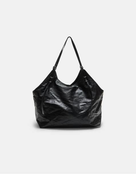 Stradivarius - Borsa shopping nera con anelli - view 1