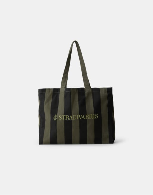 Stradivarius borsa tote a righe color kaki, 1 di 4