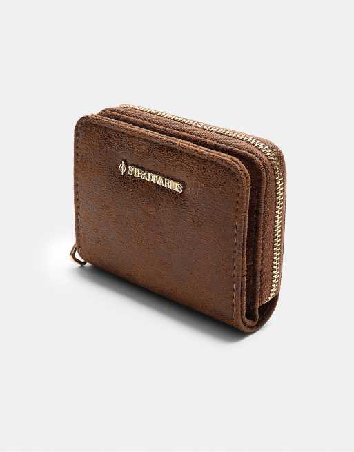 Stradivarius - Borsellino portacarte marrone in camoscio sintetico con zip