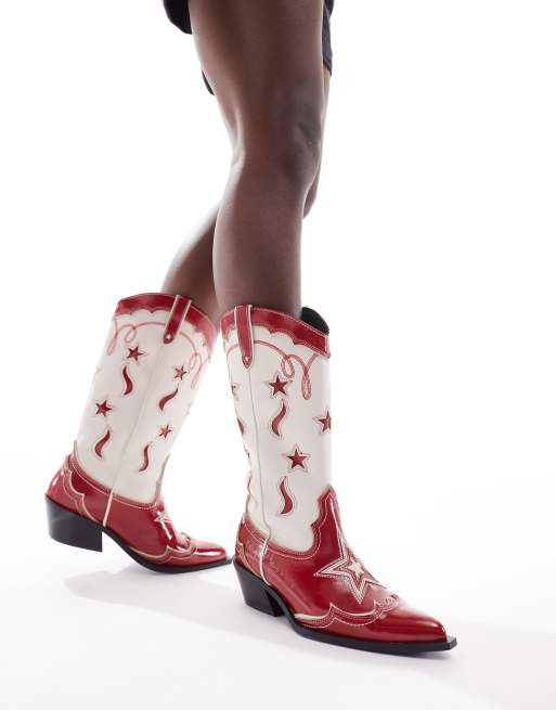 Stradivarius - Bottes western à motif - Rouge/écru , 2 de 4