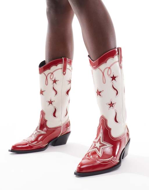 Stradivarius - Bottes western à motif - Rouge/écru , 3 de 4