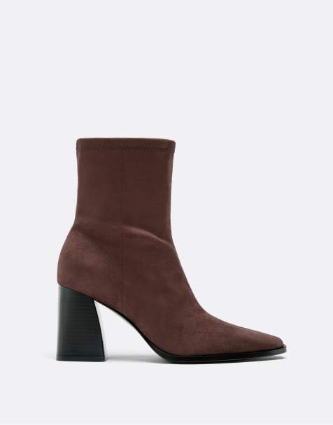 Stradivarius - Bottines à talon carré en imitation daim - Marron - view 1