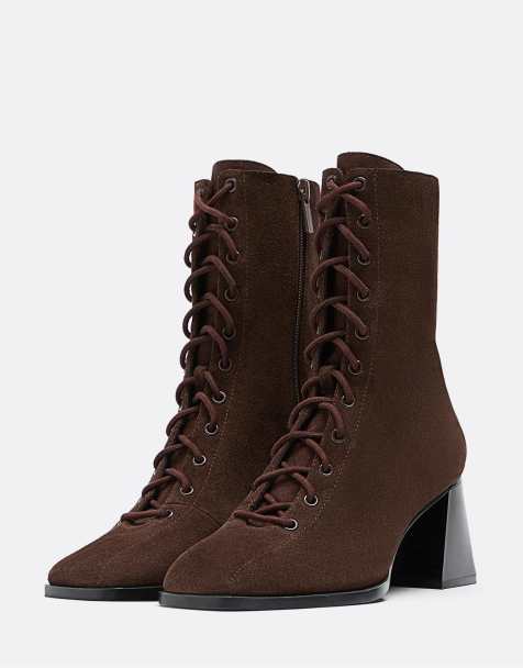 Stradivarius - Bottines en cuir à laçage et talon haut - Marron - view 1