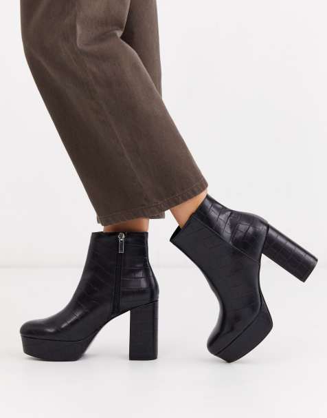 Stradivarius - Bottines façon croco à semelle plateforme - Noir