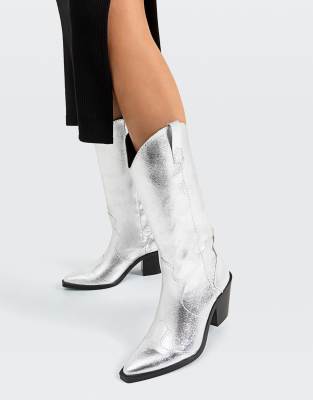 Stradivarius - Bottines style western - Argenté