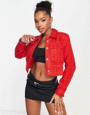 Stradivarius boucle cropped blazer in red co-ord