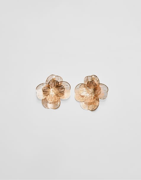 Stradivarius - Boucles d'oreilles fleurs texturées - Doré - view 1
