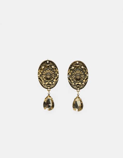 Stradivarius boucles d'oreilles goutte gravées kaki - view 1