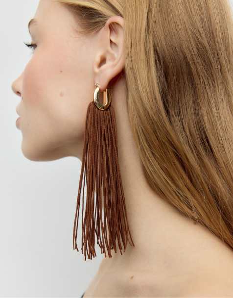 Stradivarius - Boucles d'oreilles pendantes à franges - Doré - view 1