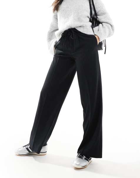 Stradivarius bow belt wide leg trousers in black pinstripe - view 1