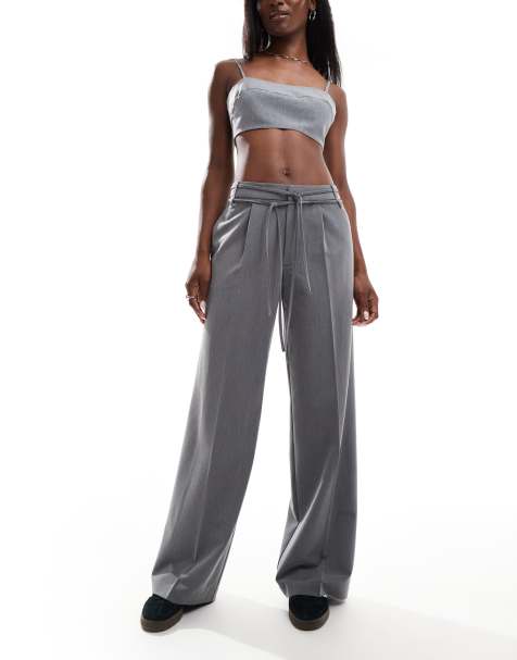 Stradivarius bow belt wide leg trousers in grey - view 1