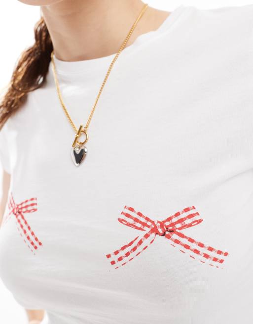 Stradivarius bow detail graphic t-shirt in white, 2 of 4