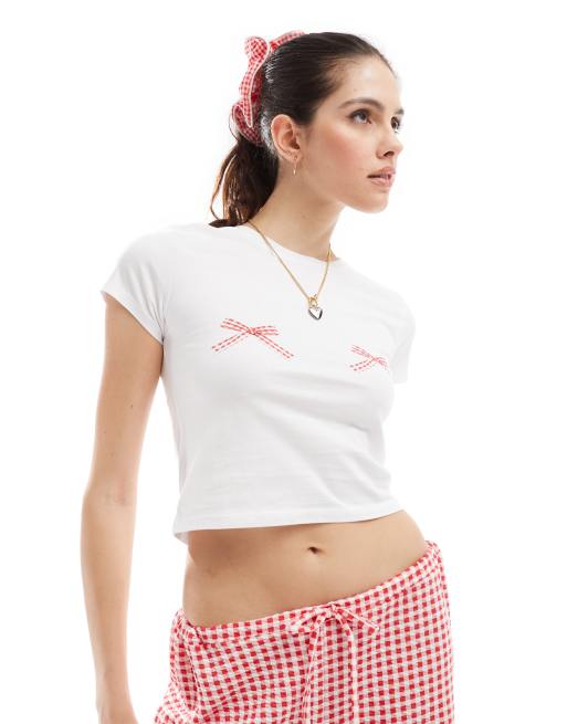 Stradivarius bow detail graphic t-shirt in white, 3 of 4