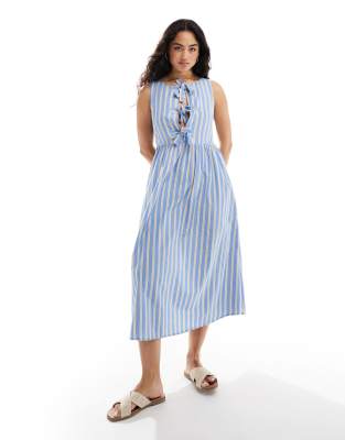 Stradivarius Bow Detail Maxi Dress In Blue Stripe