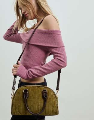 Stradivarius - Bowlingtasche aus Cord in Olivgrün mit Details im Kontrastdesign