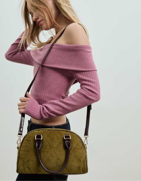 Stradivarius – Bowlingtasche aus Cord in Olivgrün mit Details im Kontrastdesign - view 1