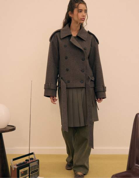 Stradivarius Box pleat midi skirt in khaki - view 1