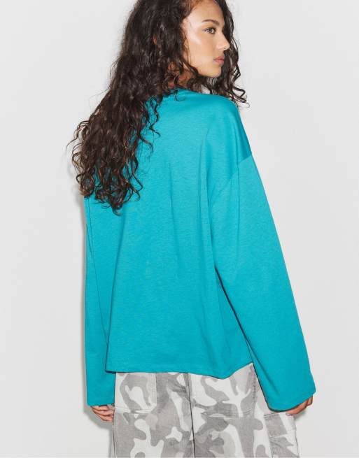 Stradivarius Boxy Langarm-T-Shirt in Türkis, 3 von 7