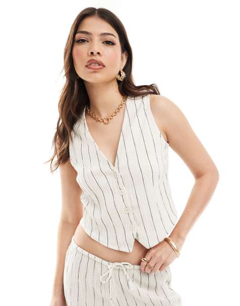 Stradivarius boxy pinstripe waistcoat co-ord in natural - view 1