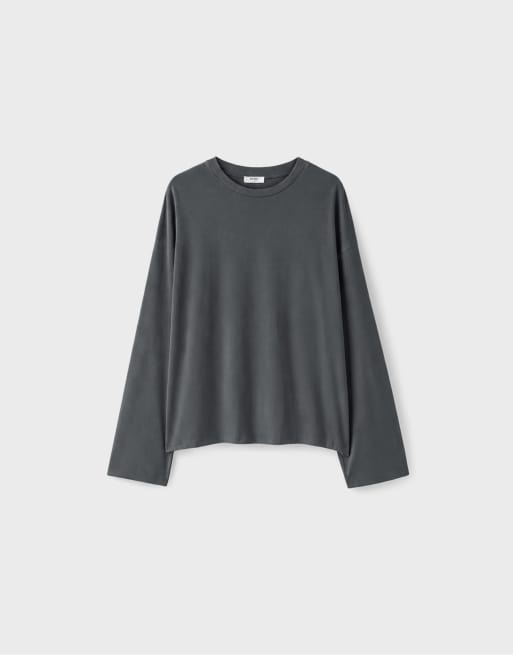 Stradivarius boxy T-shirt met lange mouwen in donkergrijs, 6 van 7