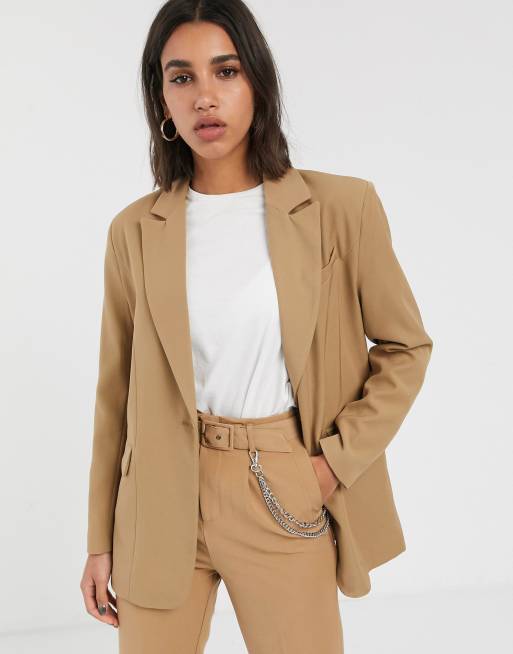 Stradivarius boyfriend blazer chain detail trouser in camel ASOS