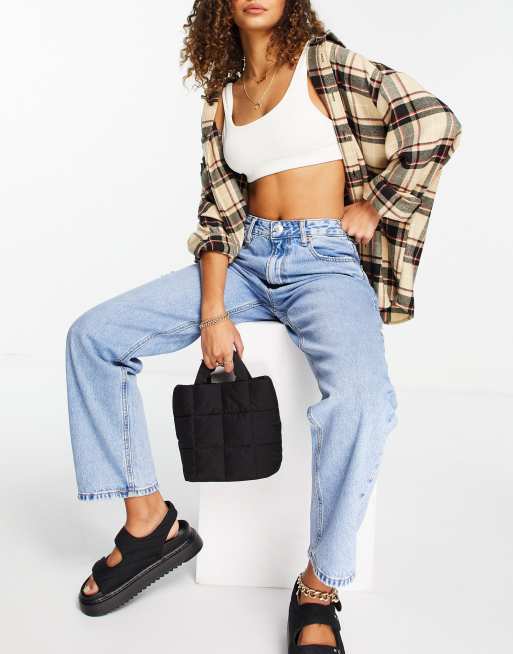 stradivarius stepped waist dad jean in washed blue