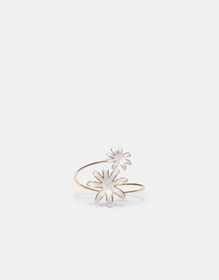 Stradivarius - Bracelet avec deux fleurs en émail - Doré-Jaune