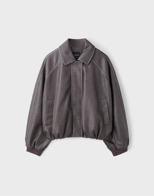 Stradivarius Braided leather effect bomber jacket in dark grey, 6 of 7