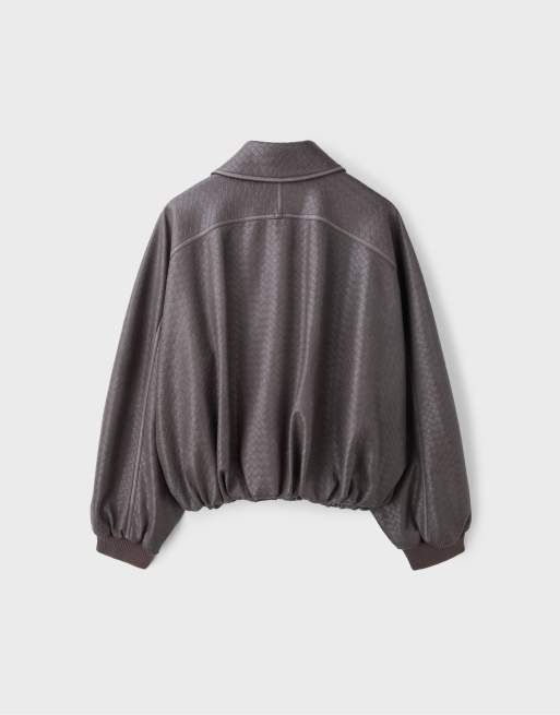 Stradivarius Braided leather effect bomber jacket in dark grey, 7 of 7