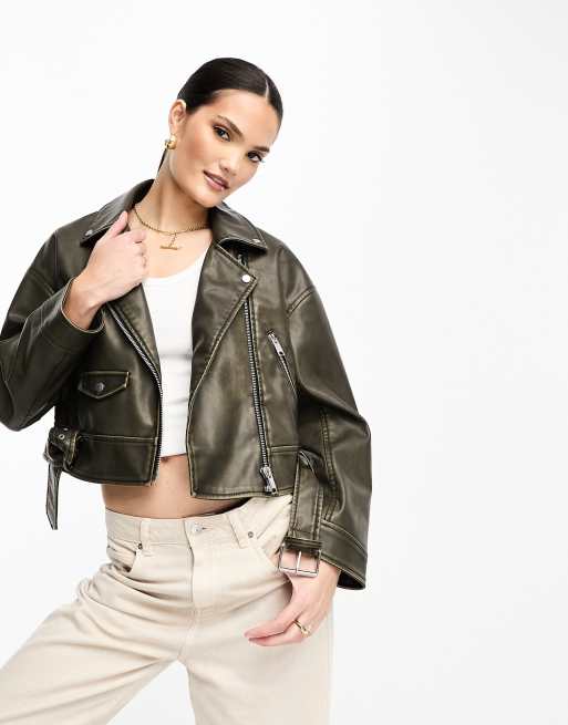 Stradivarius – Brązowa kurtka typu biker z imitacji skóry z efektem sprania 