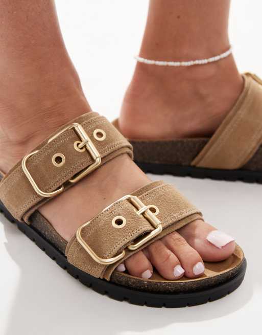 Stradivarius – Brązowe płaskie sandały z dwoma paskami ze skóry, 3 z 4