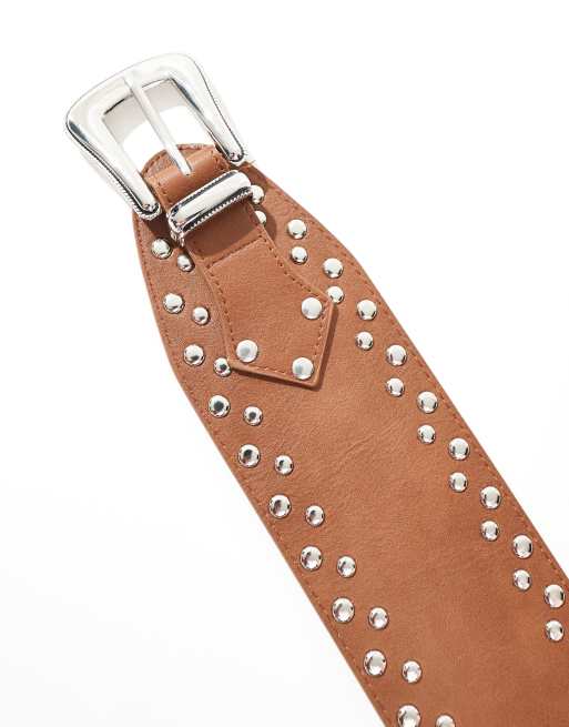 Stradivarius – Brązowy duży pasek z ćwiekami w stylu kowbojskim, 2 z 4