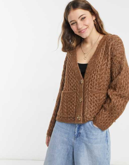 Stradivarius – Brązowy kardigan z dzianiny o grubym splocie warkoczowym, 4 z 4