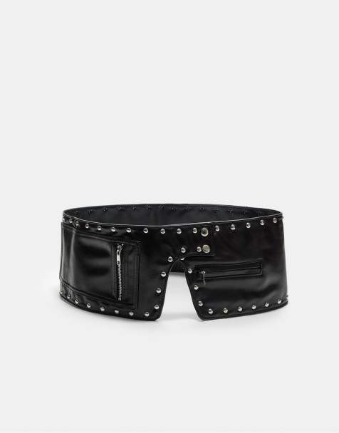 Stradivarius - Brede riem met studs en tasje in zwart - view 1