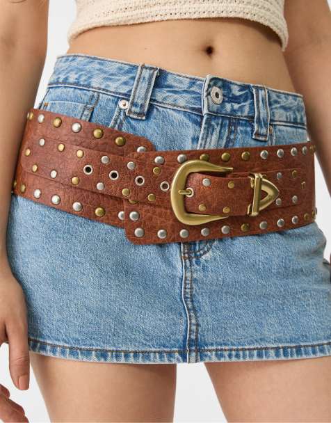 Stradivarius – Breiter Gürtel in Braun mit Nietenverzierung - view 1