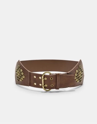 Stradivarius - breiter Gürtel in Braun mit Nietenverzierung-Brown